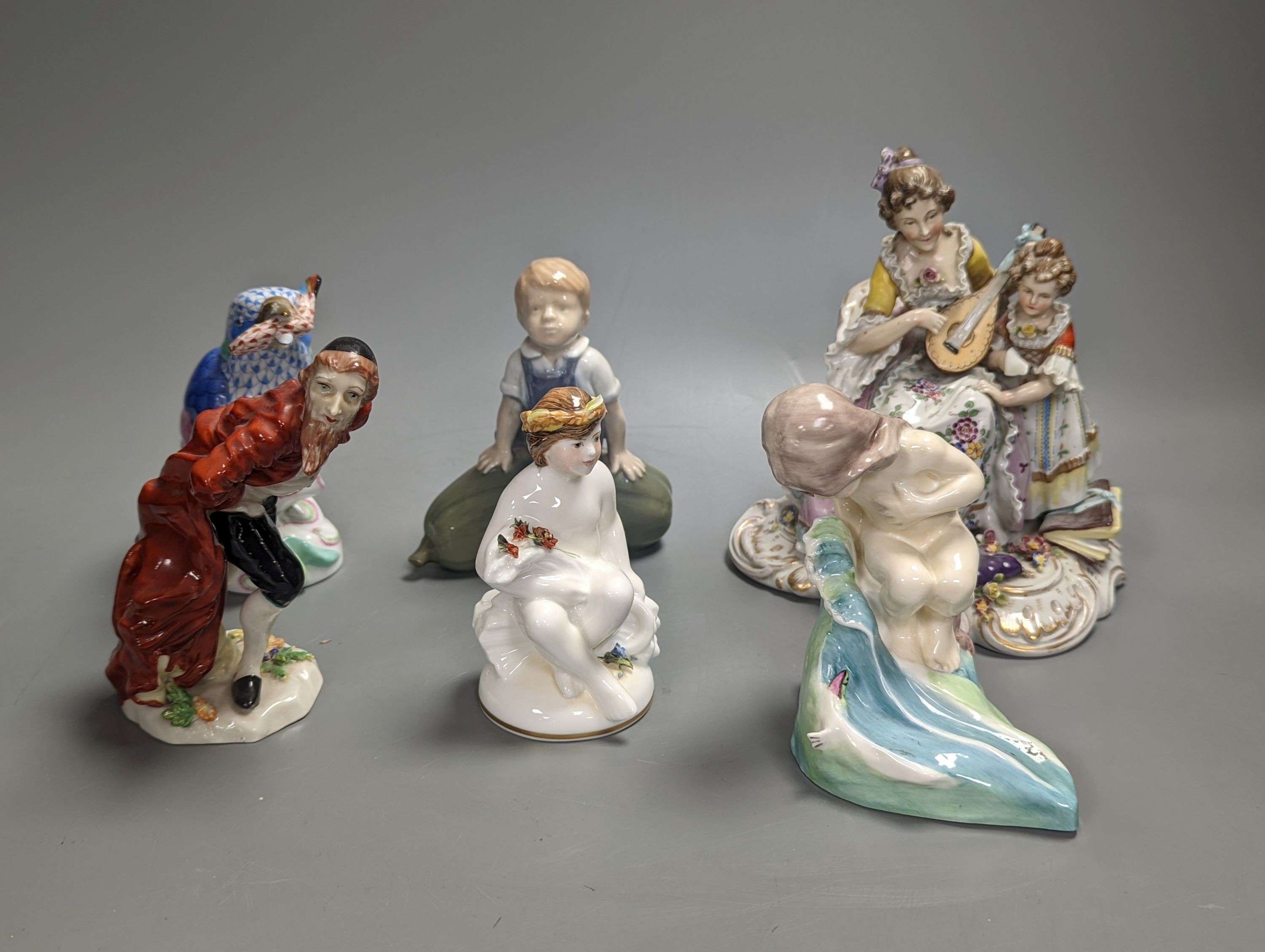 A group of Derby, Royal Worcester, Royal Copehagen and Herend models including a figure group, tallest 16.5cm (6)